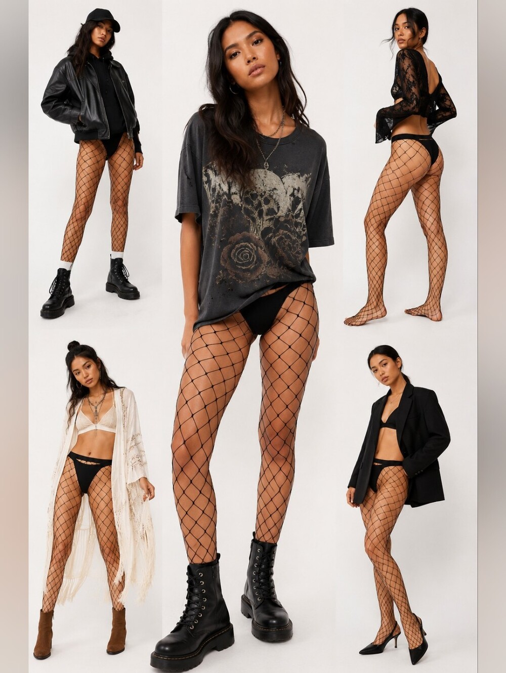 NEW High-Waisted Oversized Open Diamond Black Fishnet Tights Stockings